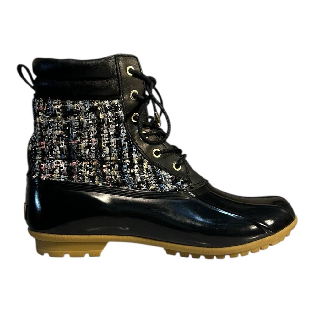 Sam Edelman Caldwell Duck Boots Black Leather Tweed Rain Snow Womens Size 8M EUC
